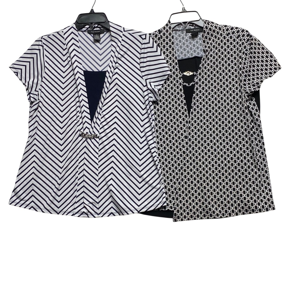 Liz McCoy Womens Short Sleeve  Blouse Bundle‎ Chevron Geometric Prints 2PK Lg